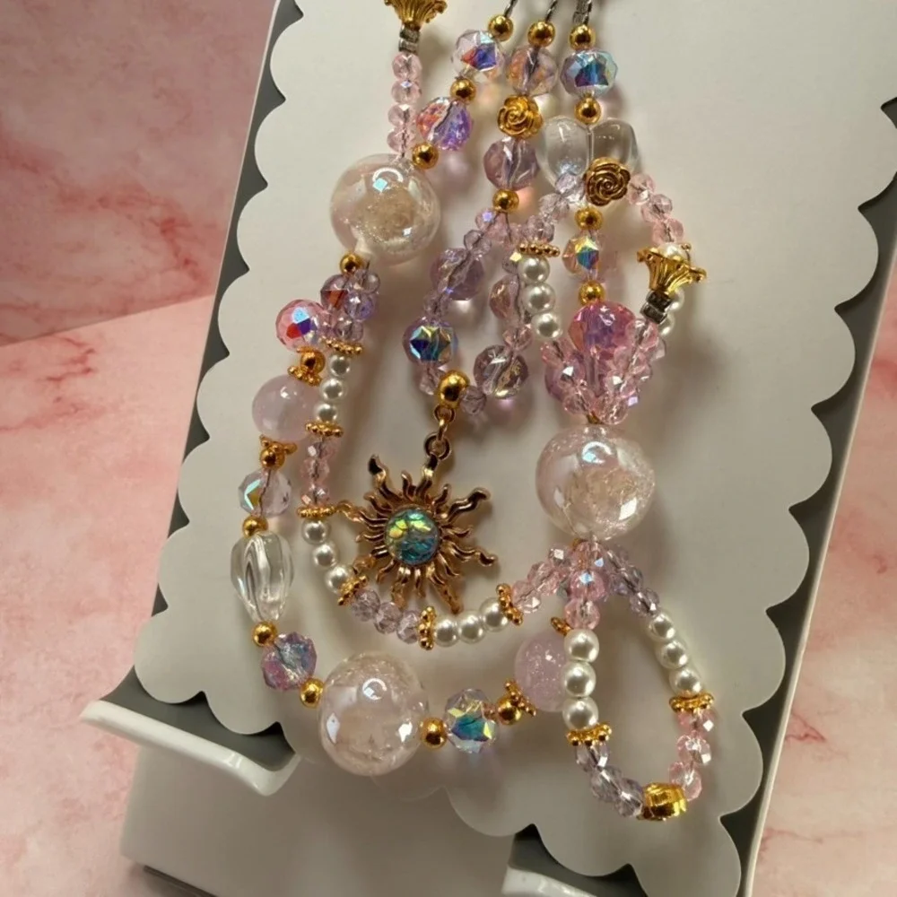 Gold Sun Phone Wristlet Crystal Pink Beaded Pearl Charm‎ Bag Keychain Handmade